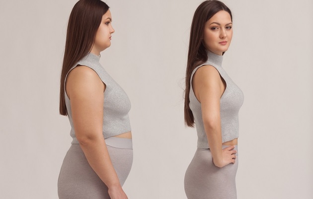 Two side-by-side images of a woman in a gray sleeveless top and matching pants, showcasing different body shapes